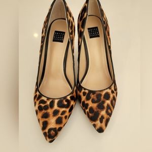 WHBM Leopard calfhair pumps
